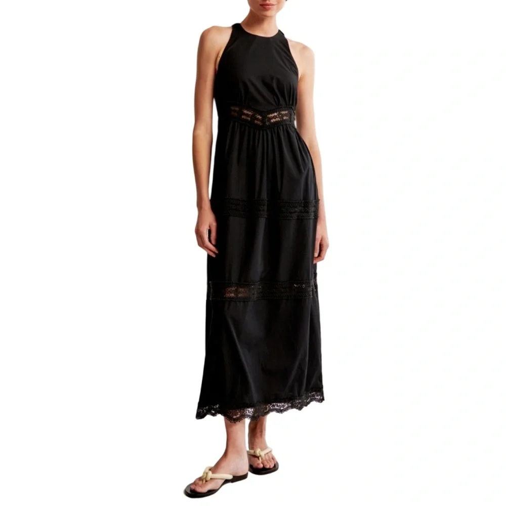 Abercrombie & Fitch Black Crochet Trim Maxi/ Midi Dress Relaxed Fit Cottagecore